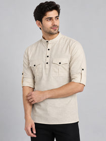 VORA LABEL Men’s Pure Cotton Solid Mandarin Collar Kurta | Full Sleeves with Roll-Up Tab | Casual & Smart Casual Wear