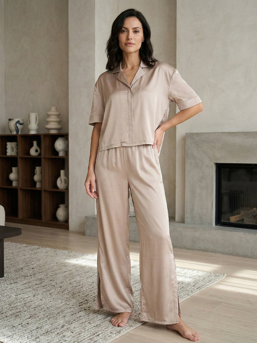 VORA LABEL Women Linen Solid Relaxed Fit Night Suit Set - Cream