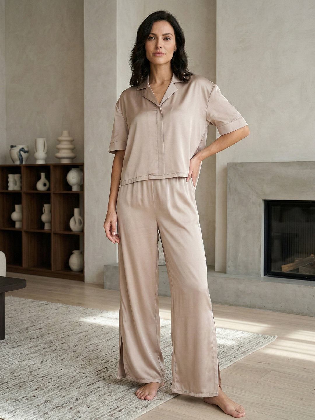 VORA LABEL Women Linen Solid Relaxed Fit Night Suit Set - Cream
