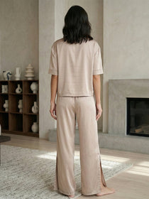 VORA LABEL Women Linen Solid Relaxed Fit Night Suit Set - Cream