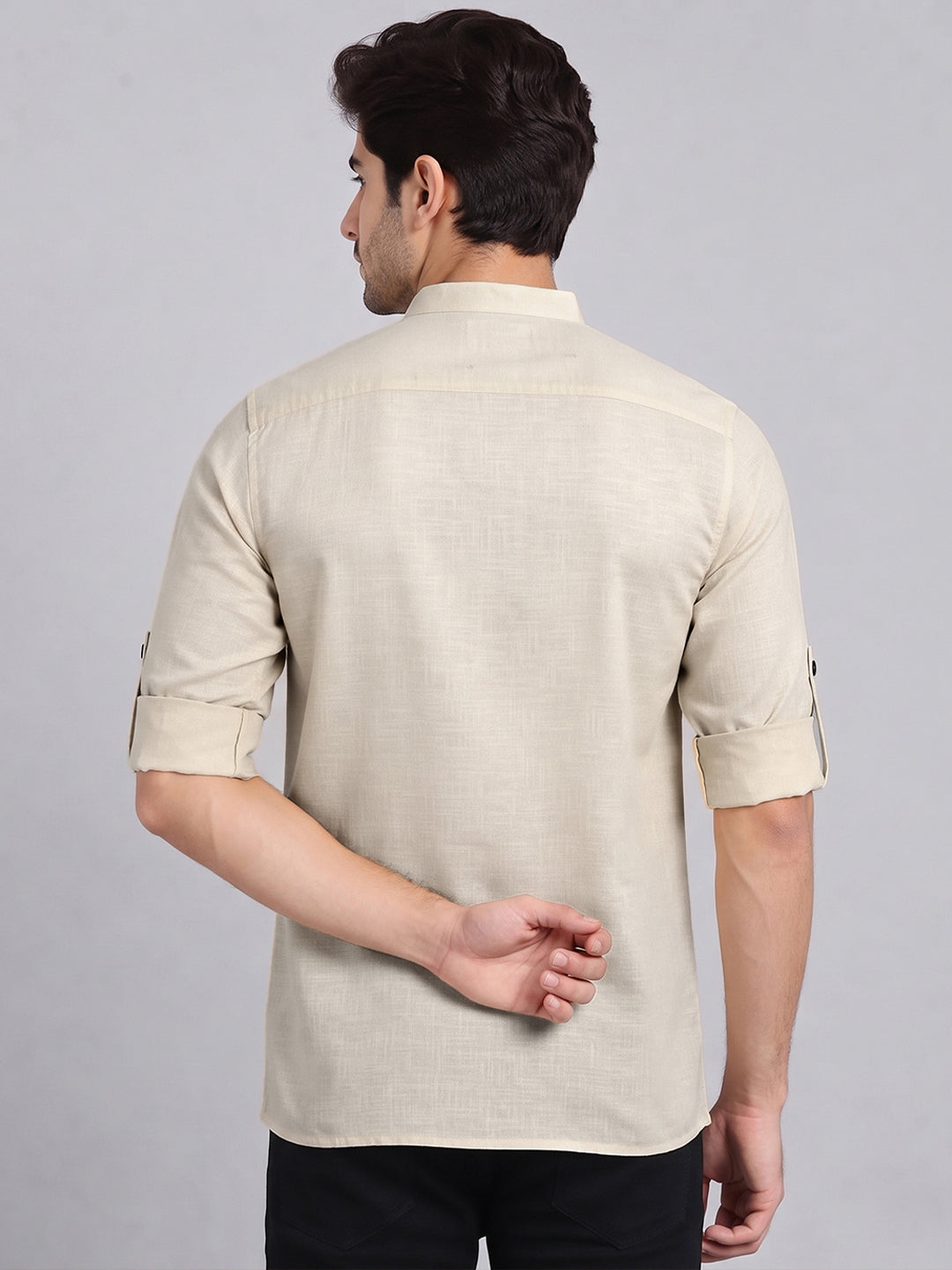VORA LABEL Men’s Pure Cotton Solid Mandarin Collar Kurta | Full Sleeves with Roll-Up Tab | Casual & Smart Casual Wear Secondary image
