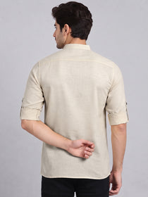VORA LABEL Men’s Pure Cotton Solid Mandarin Collar Kurta | Full Sleeves with Roll-Up Tab | Casual & Smart Casual Wear