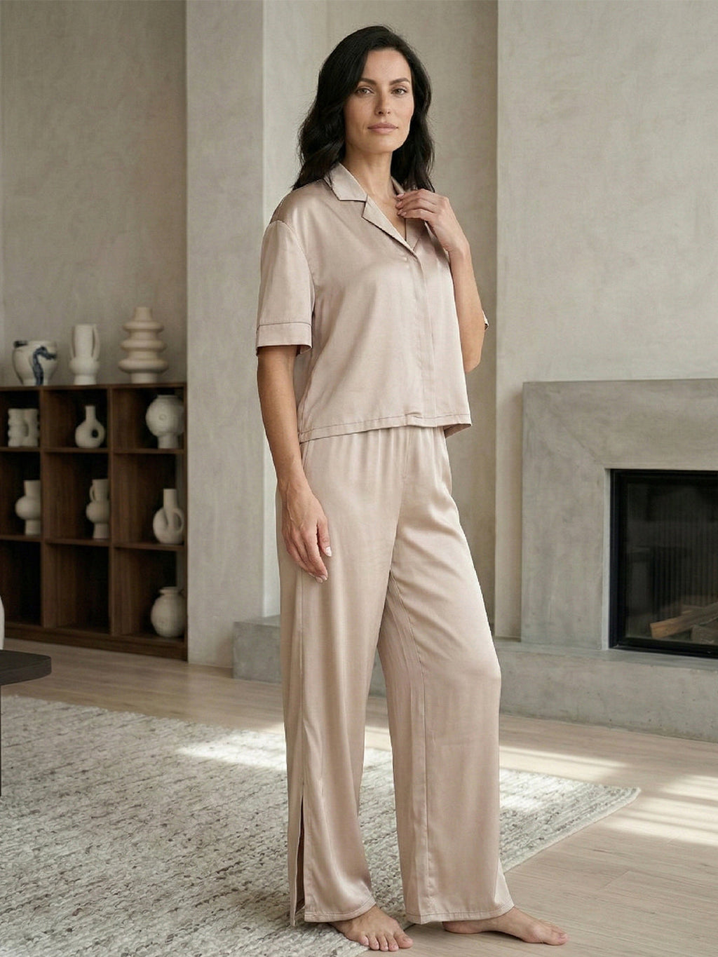 VORA LABEL Women Linen Solid Relaxed Fit Night Suit Set - Cream