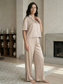 VORA LABEL Women Linen Solid Relaxed Fit Night Suit Set - Cream