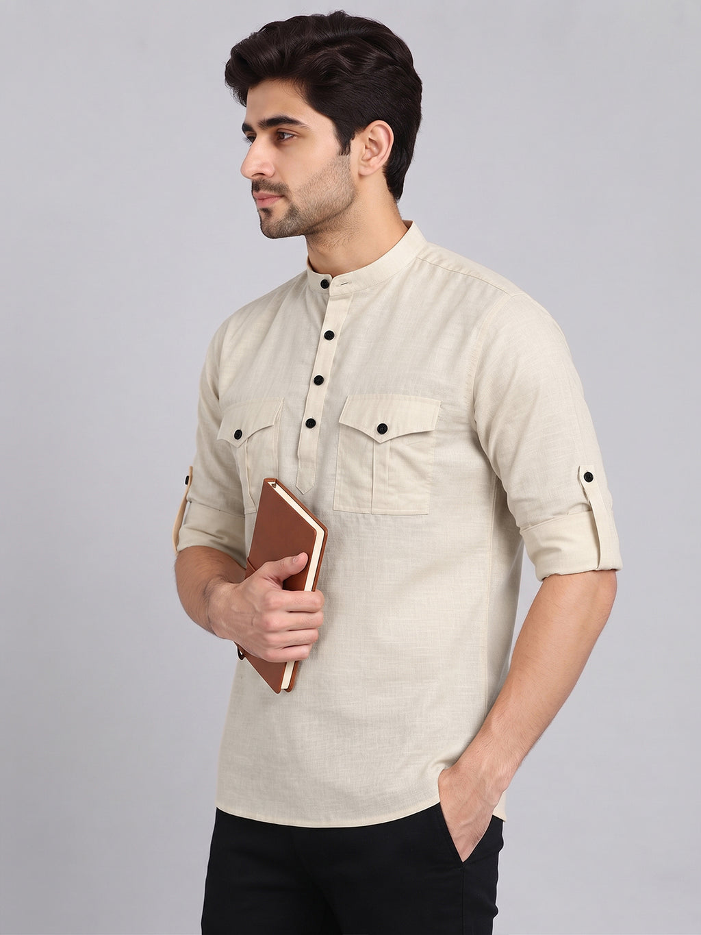VORA LABEL Men’s Pure Cotton Solid Mandarin Collar Kurta | Full Sleeves with Roll-Up Tab | Casual & Smart Casual Wear