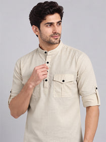 VORA LABEL Men’s Pure Cotton Solid Mandarin Collar Kurta | Full Sleeves with Roll-Up Tab | Casual & Smart Casual Wear