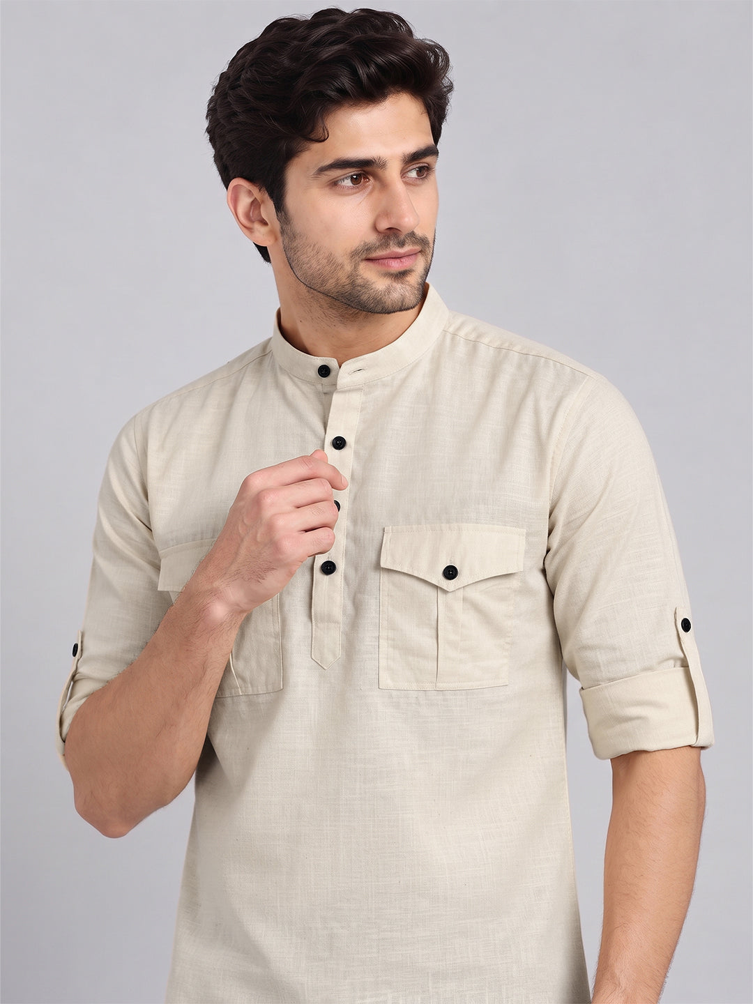 VORA LABEL Men’s Pure Cotton Solid Mandarin Collar Kurta | Full Sleeves with Roll-Up Tab | Casual & Smart Casual Wear