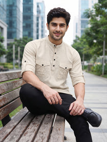 VORA LABEL Men’s Pure Cotton Solid Mandarin Collar Kurta | Full Sleeves with Roll-Up Tab | Casual & Smart Casual Wear