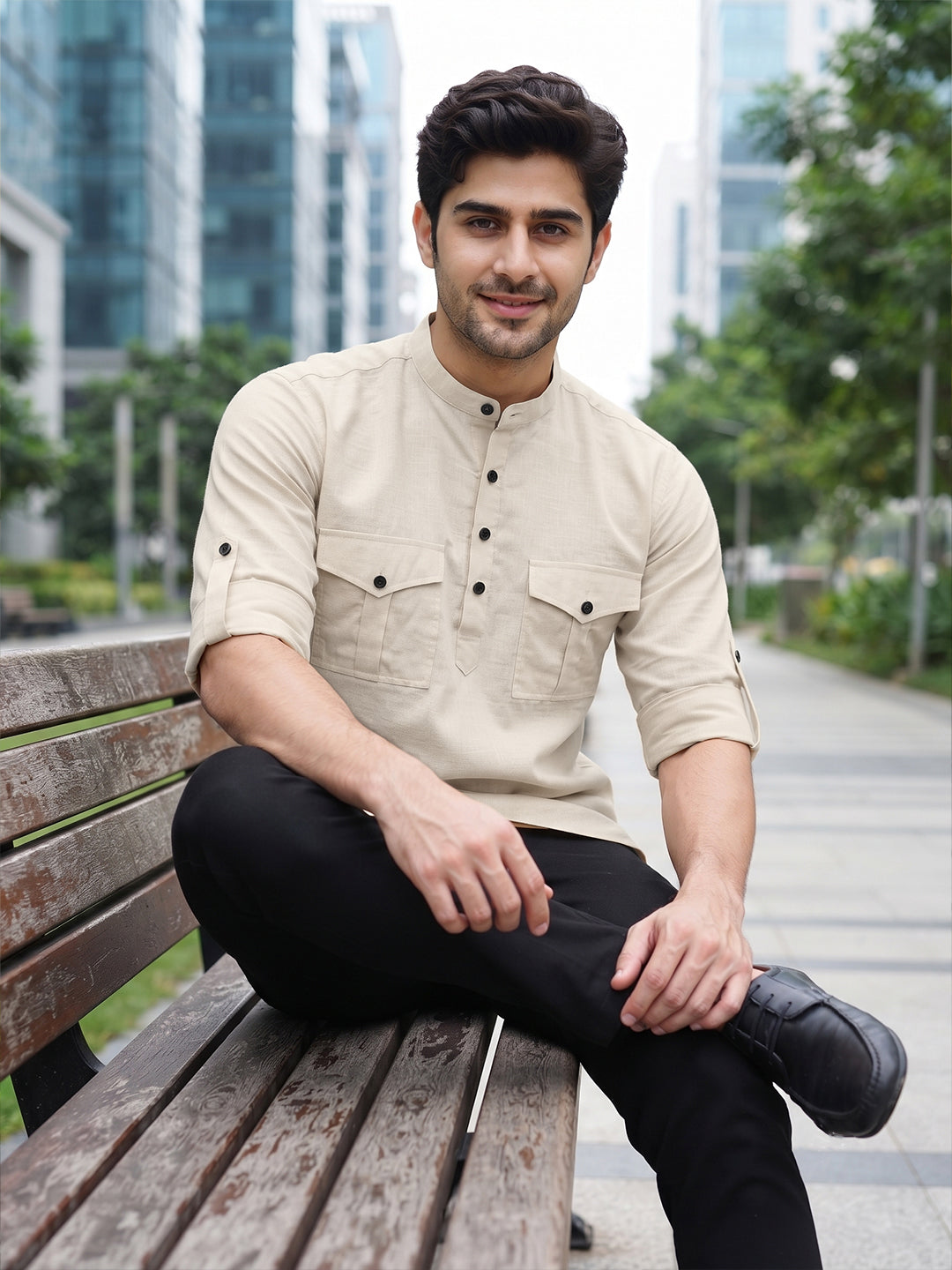 VORA LABEL Men’s Pure Cotton Solid Mandarin Collar Kurta | Full Sleeves with Roll-Up Tab | Casual & Smart Casual Wear