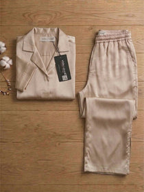 VORA LABEL Women Linen Solid Relaxed Fit Night Suit Set - Cream