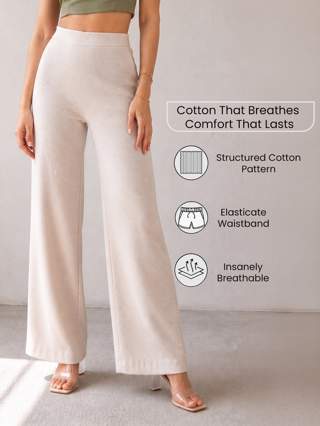 VORA LABEL Women Cotton Solid Relaxed Fit Palazzo Pants - Cream