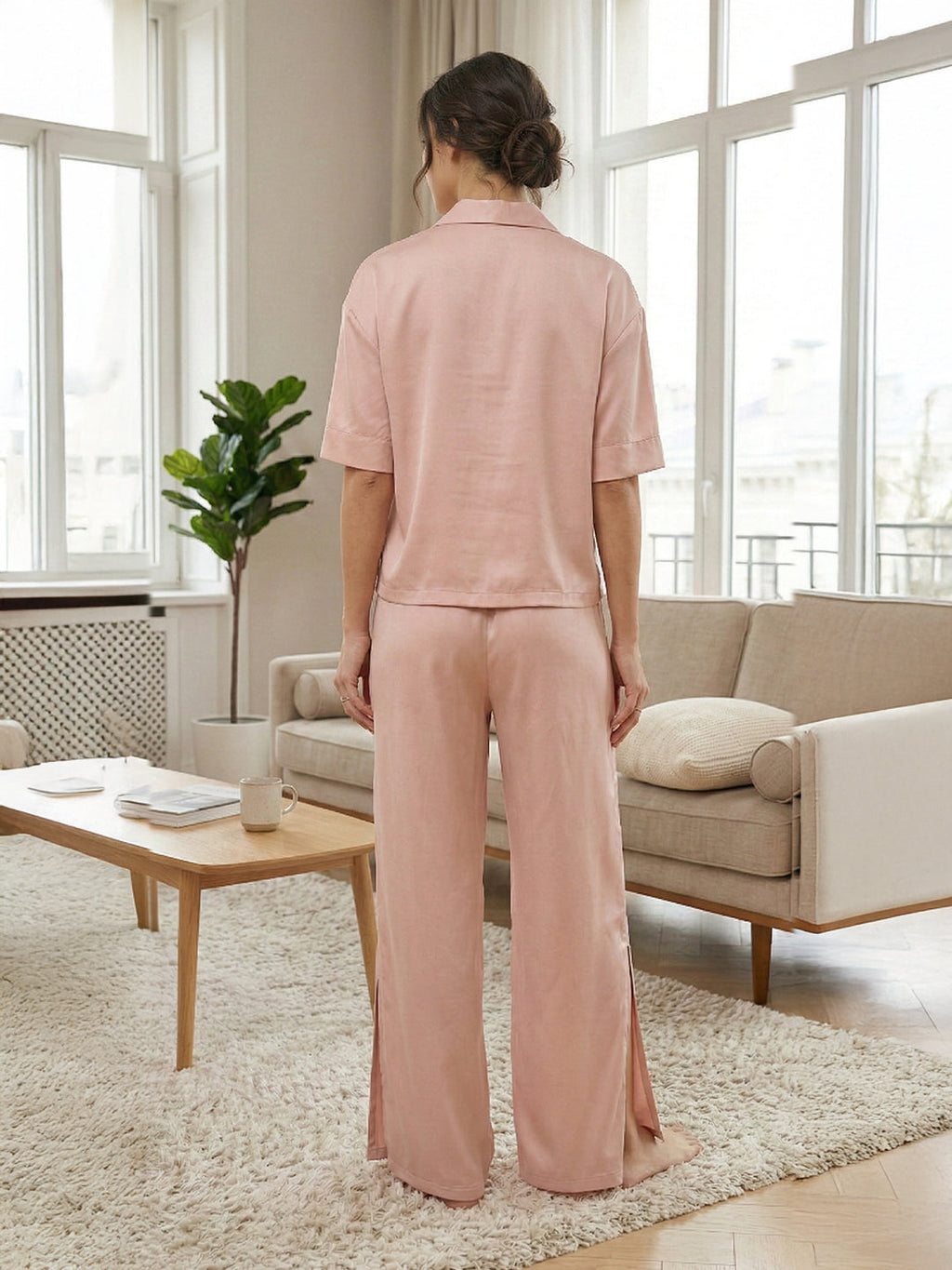 VORA LABEL Women Linen Solid Relaxed Fit Night Suit Set - Cream Light