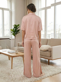 VORA LABEL Women Linen Solid Relaxed Fit Night Suit Set - Cream Light