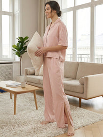 VORA LABEL Women Linen Solid Relaxed Fit Night Suit Set - Cream Light