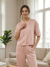 VORA LABEL Women Linen Solid Relaxed Fit Night Suit Set - Cream Light