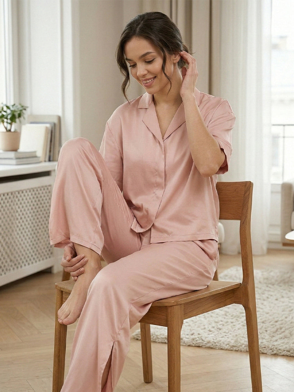 VORA LABEL Women Linen Solid Relaxed Fit Night Suit Set - Cream Light