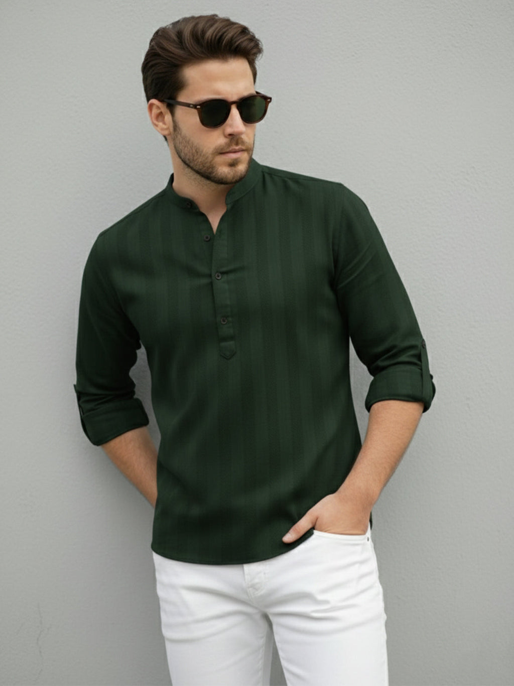 VORA LABEL Men Cotton Striped Relaxed Fit Mandarin Collar Short Kurta - Green