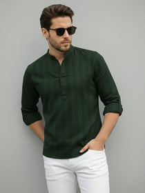 VORA LABEL Men Cotton Striped Relaxed Fit Mandarin Collar Short Kurta - Green