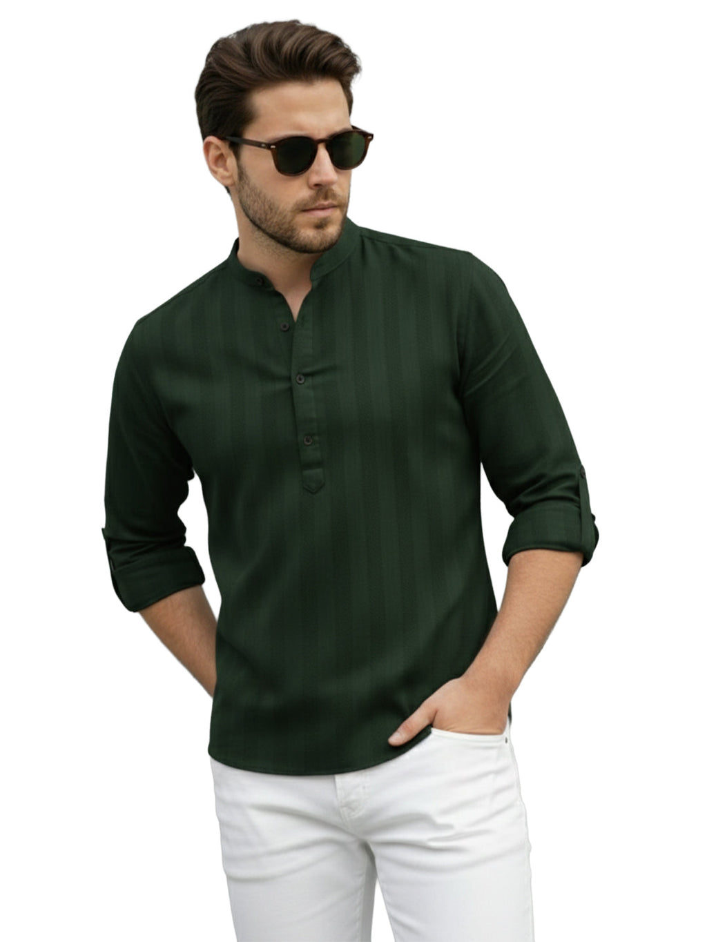 VORA LABEL Men Cotton Striped Relaxed Fit Mandarin Collar Short Kurta - Green