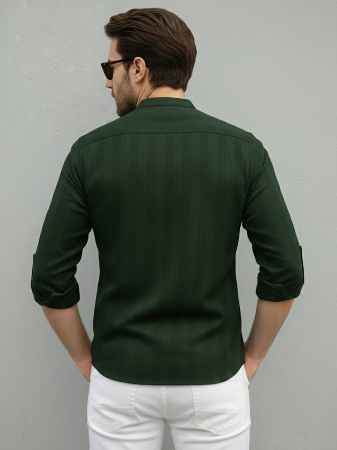 VORA LABEL Men Cotton Striped Relaxed Fit Mandarin Collar Short Kurta - Green