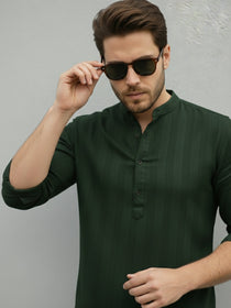 VORA LABEL Men Cotton Striped Relaxed Fit Mandarin Collar Short Kurta - Green