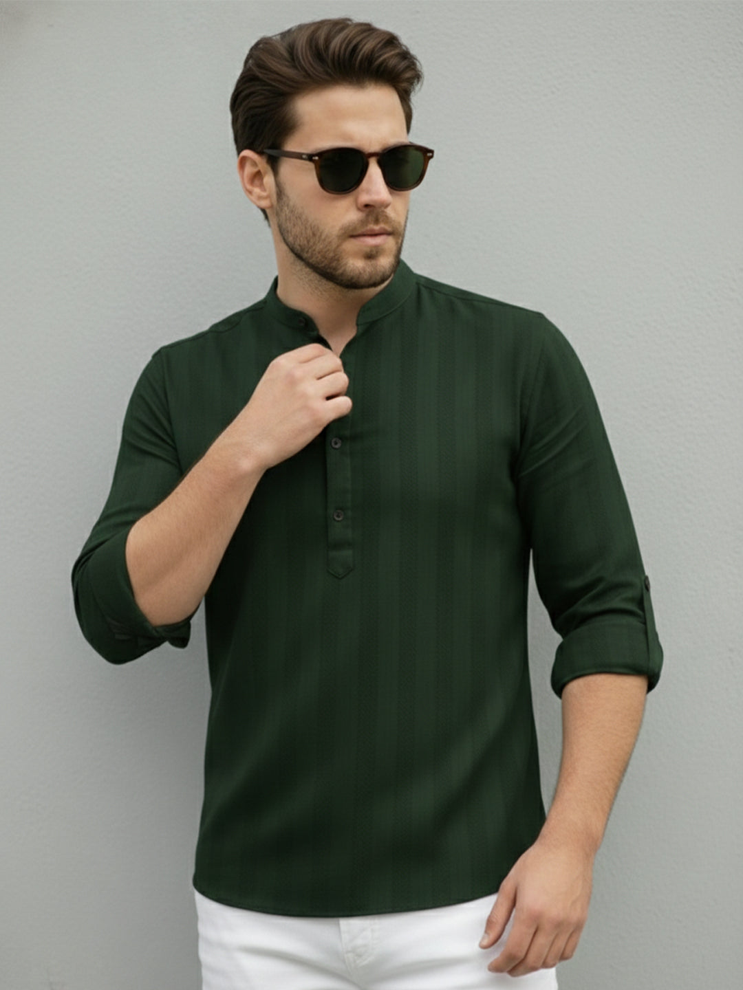 VORA LABEL Men Cotton Striped Relaxed Fit Mandarin Collar Short Kurta - Green