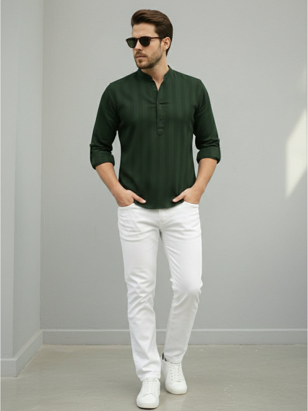 VORA LABEL Men Cotton Striped Relaxed Fit Mandarin Collar Short Kurta - Green