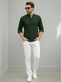 VORA LABEL Men Cotton Striped Relaxed Fit Mandarin Collar Short Kurta - Green