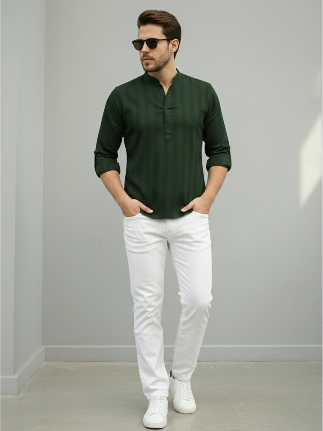 VORA LABEL Men Cotton Striped Relaxed Fit Mandarin Collar Short Kurta - Green