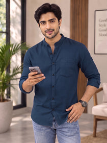 VORA LABEL Men’s Cotton Blend Mandarin Collar Shirt | Full Sleeve Solid Casual & Smart Wear