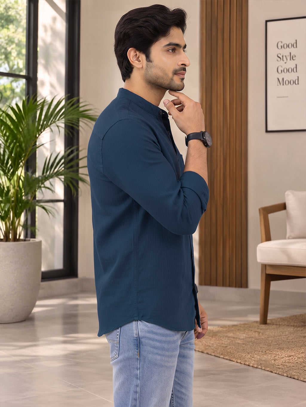 VORA LABEL Men’s Cotton Blend Mandarin Collar Shirt | Full Sleeve Solid Casual & Smart Wear