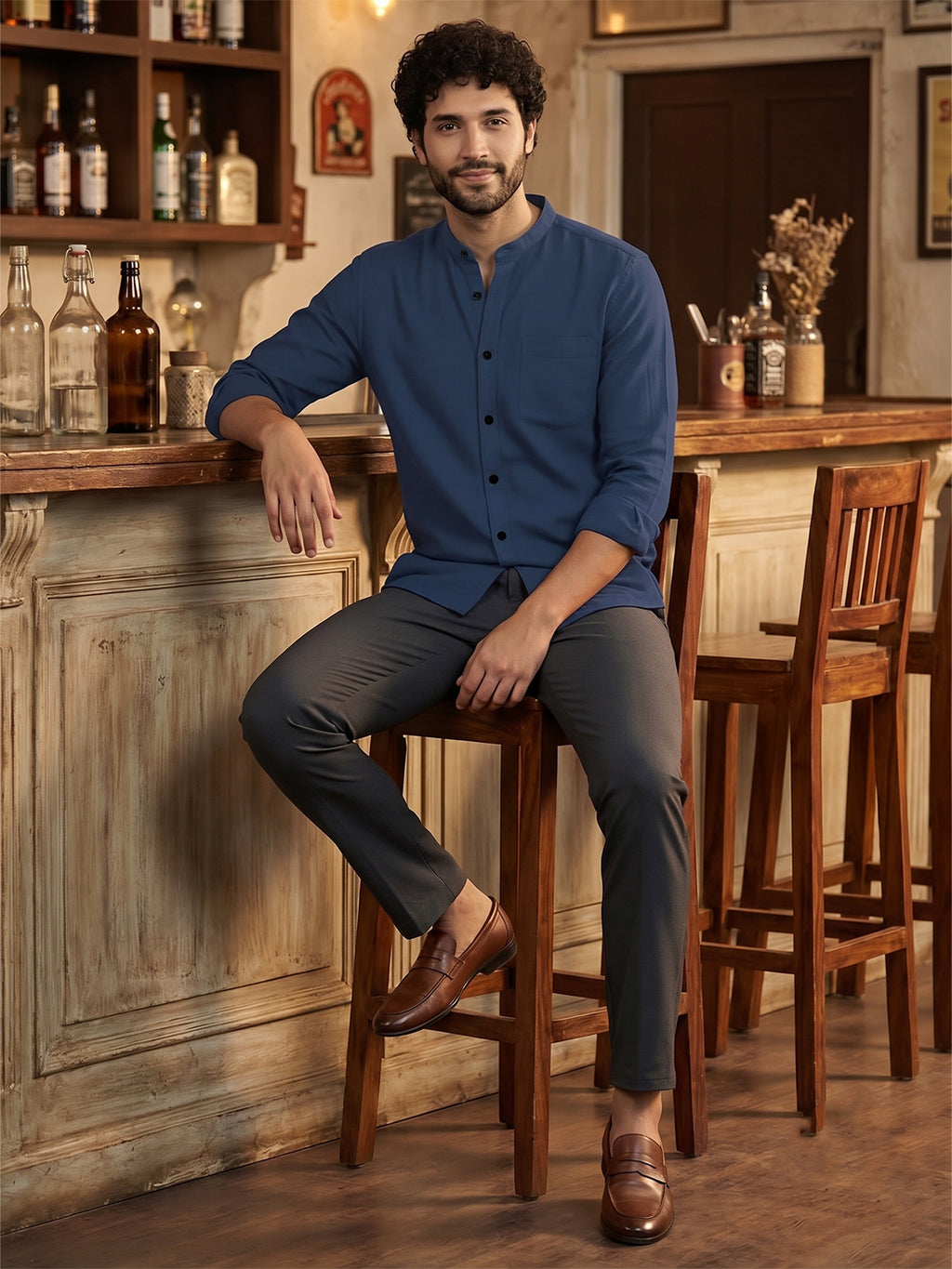 VORA LABEL Men’s Cotton Blend Mandarin Collar Shirt | Full Sleeve Solid Casual & Smart Wear