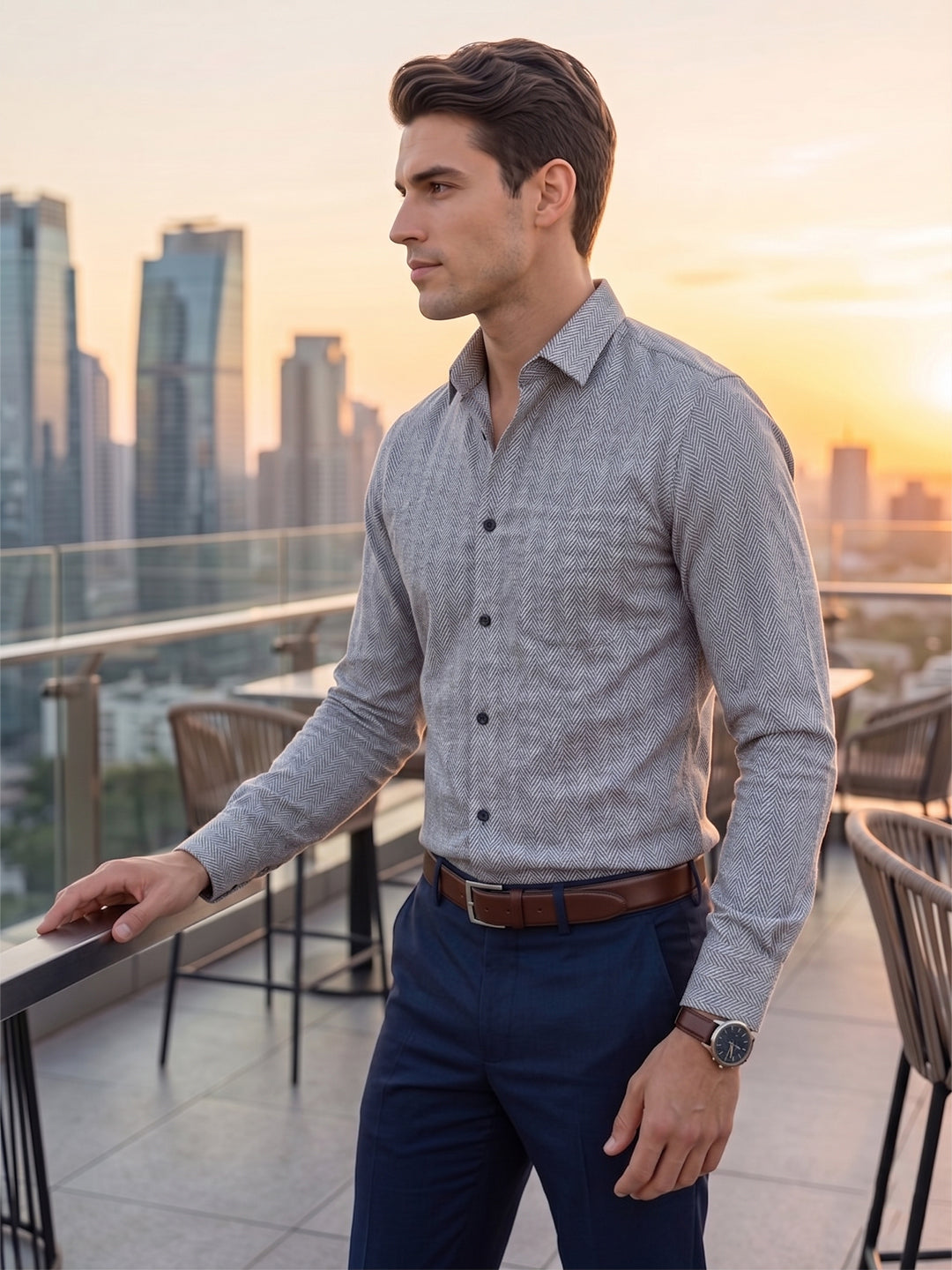 VORA LABEL Men Cotton Printed Regular Fit Casual Shirt - Dark Grey