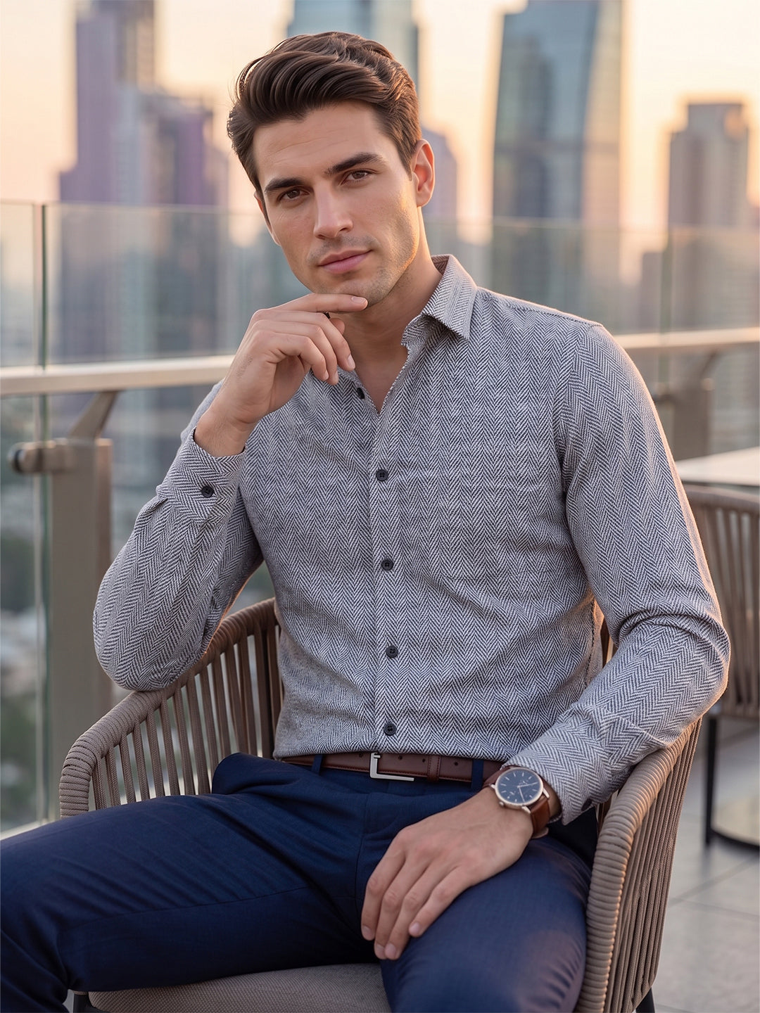 VORA LABEL Men Cotton Printed Regular Fit Casual Shirt - Dark Grey
