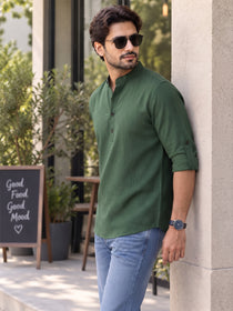 VORA LABEL Men’s Cotton Blend Solid Kurta | Mandarin Collar Full Sleeve Kurta | Casual & Festive Wear