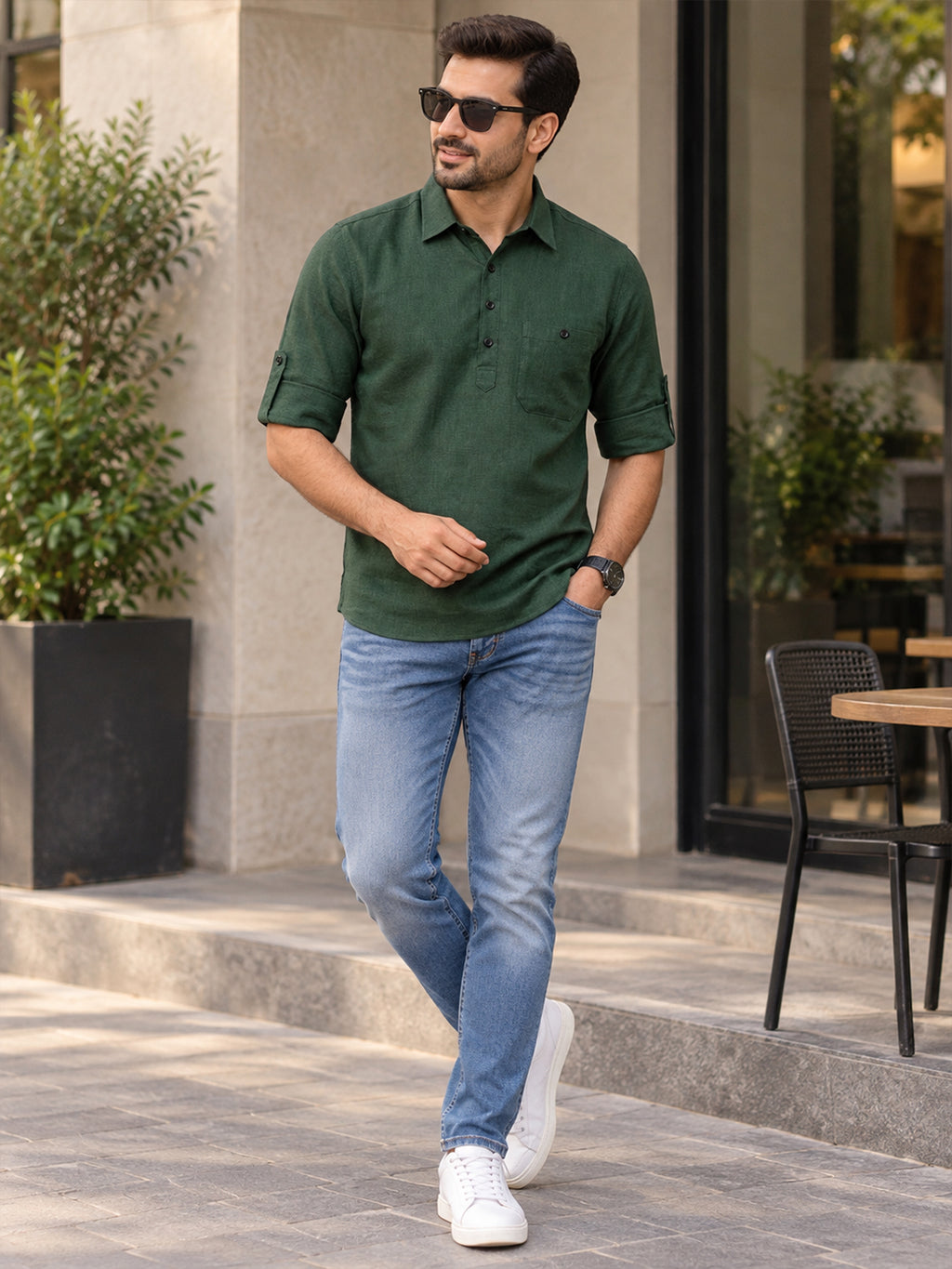 VORA LABEL Men’s Cotton Blend Solid Kurta | Mandarin Collar Full Sleeve Kurta with Pocket | Casual & Festive Wear