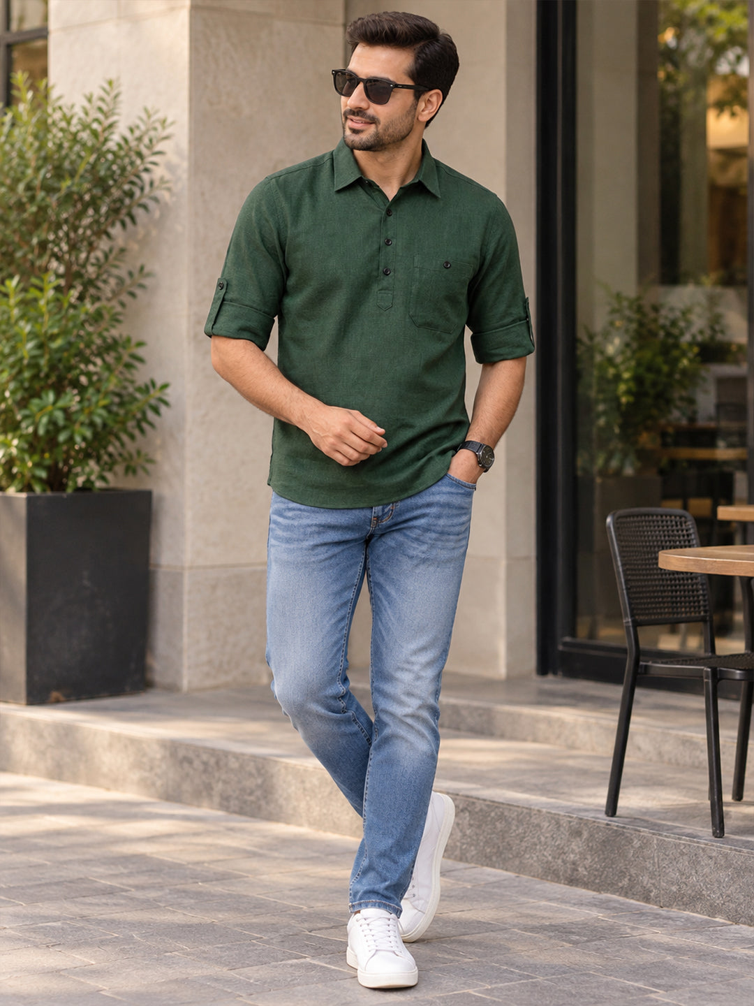 VORA LABEL Men’s Cotton Blend Solid Kurta | Mandarin Collar Full Sleeve Kurta with Pocket | Casual & Festive Wear