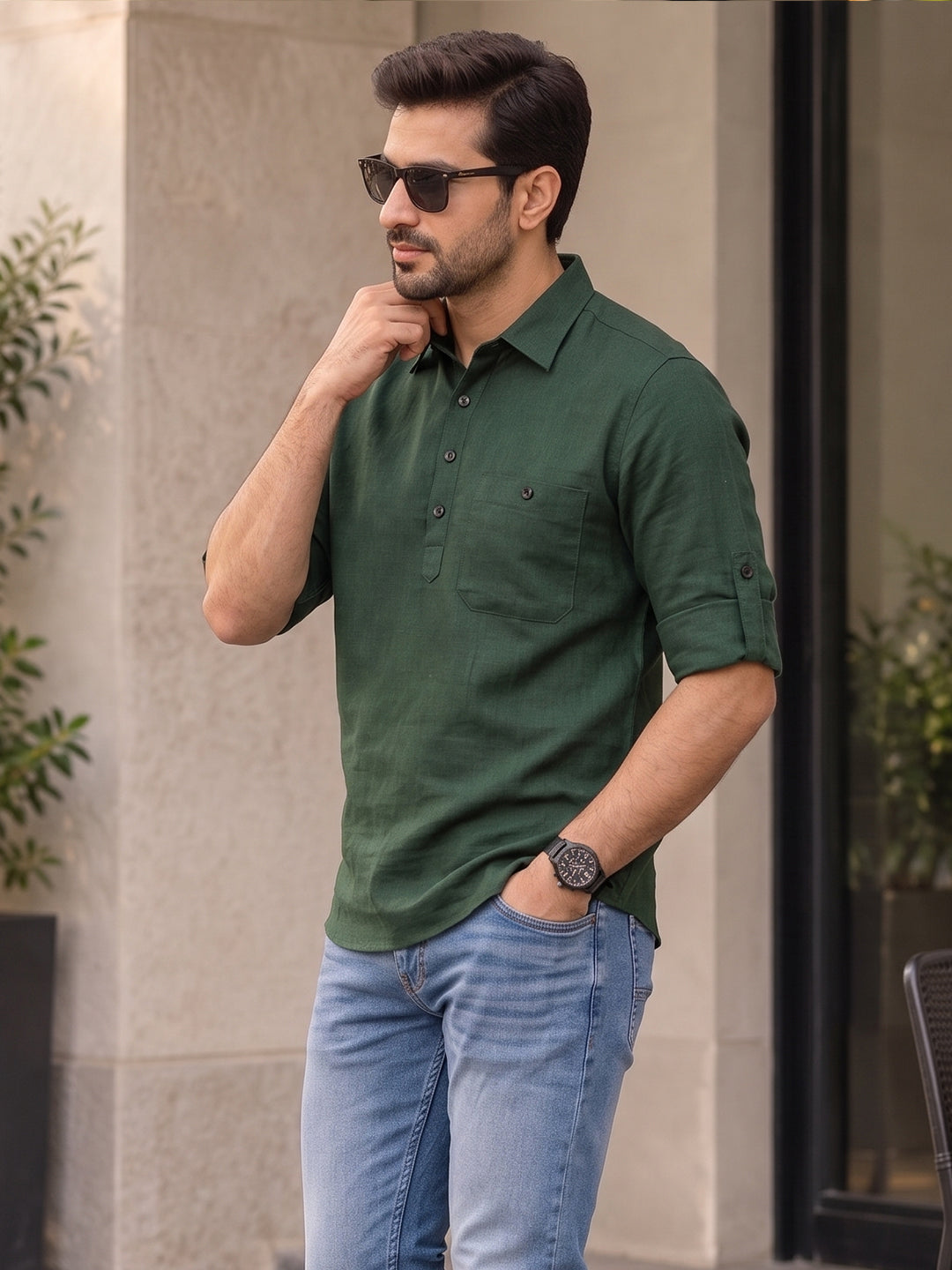 VORA LABEL Men’s Cotton Blend Solid Kurta | Mandarin Collar Full Sleeve Kurta with Pocket | Casual & Festive Wear