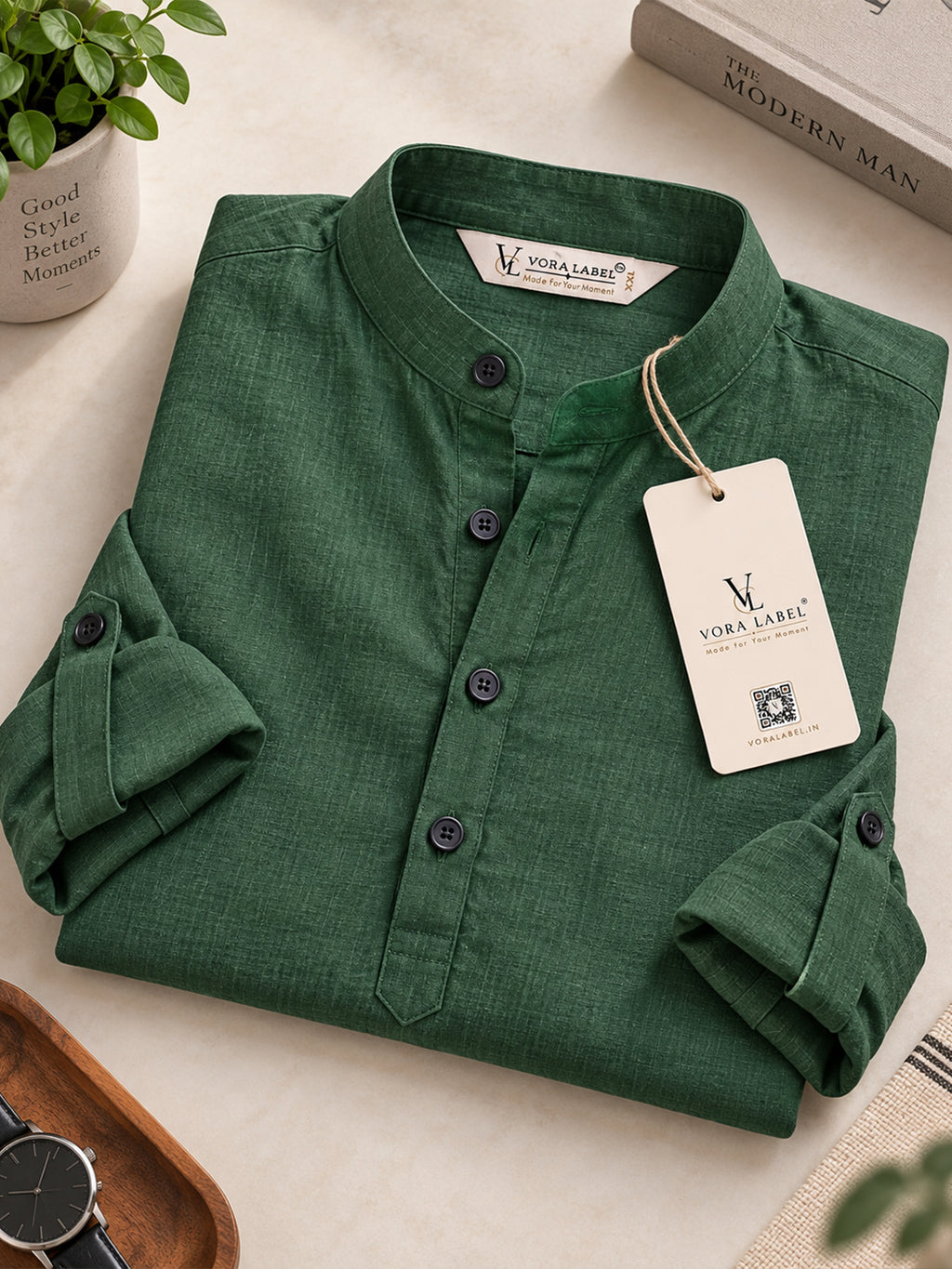 VORA LABEL Men’s Cotton Blend Solid Kurta | Mandarin Collar Full Sleeve Kurta | Casual & Festive Wear