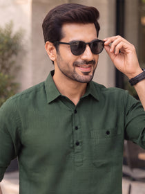VORA LABEL Men’s Cotton Blend Solid Kurta | Mandarin Collar Full Sleeve Kurta with Pocket | Casual & Festive Wear