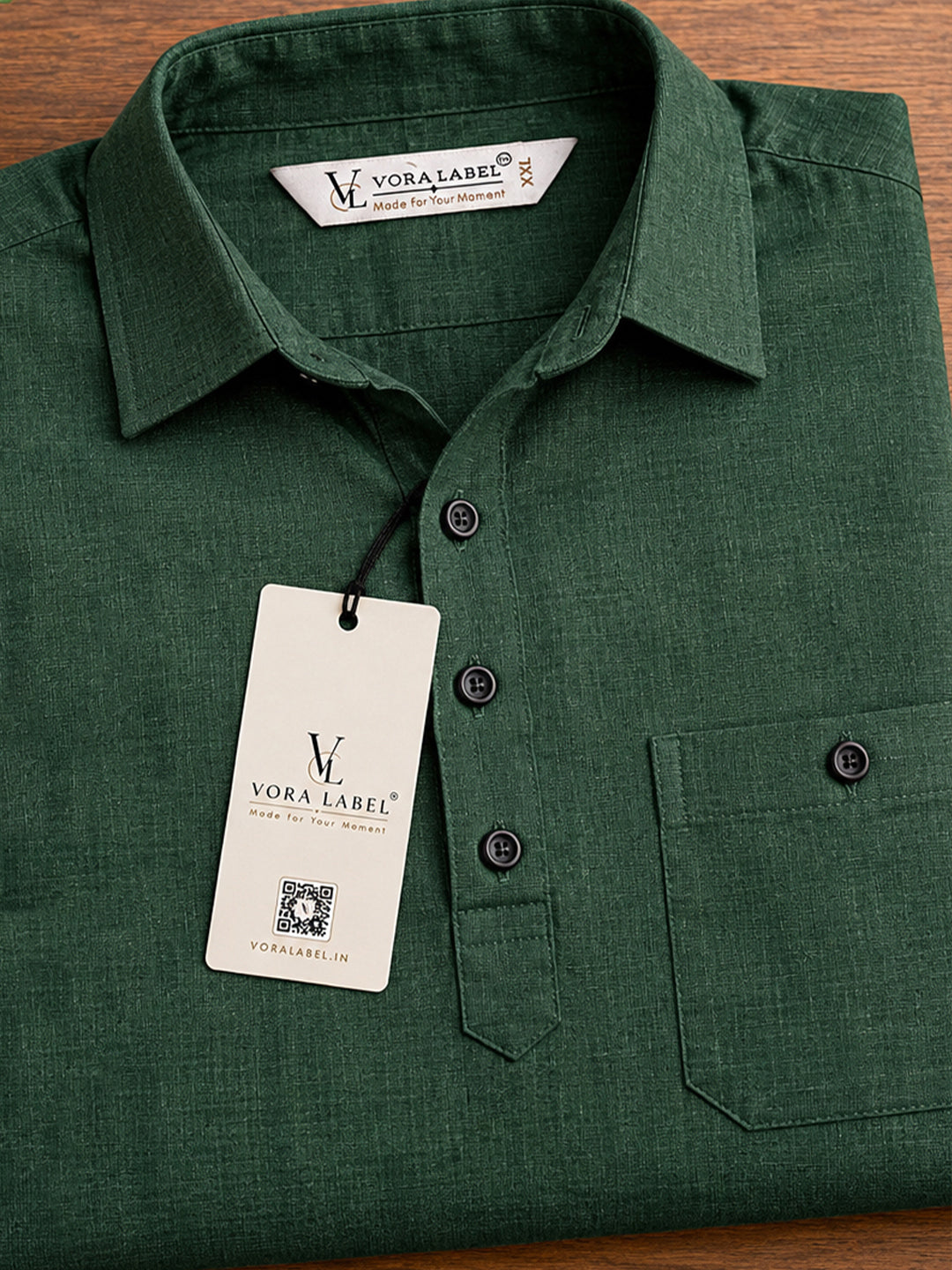VORA LABEL Men’s Cotton Blend Solid Kurta | Mandarin Collar Full Sleeve Kurta with Pocket | Casual & Festive Wear