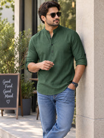 VORA LABEL Men’s Cotton Blend Solid Kurta | Mandarin Collar Full Sleeve Kurta | Casual & Festive Wear