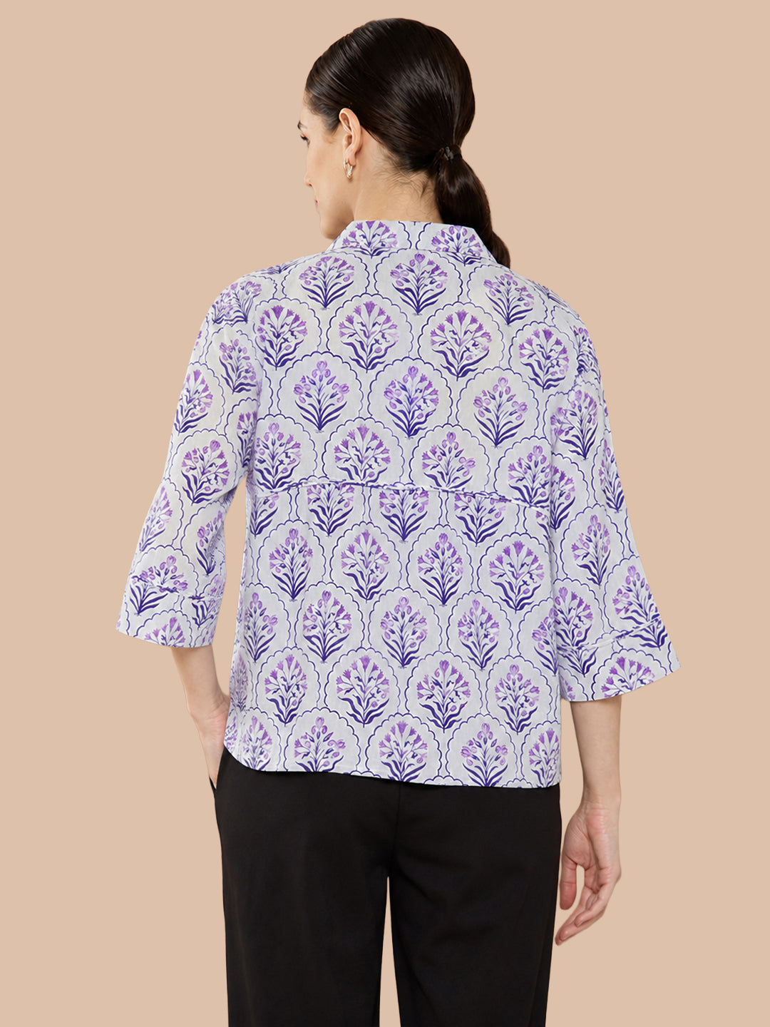 VORA LABEL Women’s Pure Cotton Printed Collared Top | 3/4 Sleeve Floral Print Casual & Office Wear Shirt Secondary image