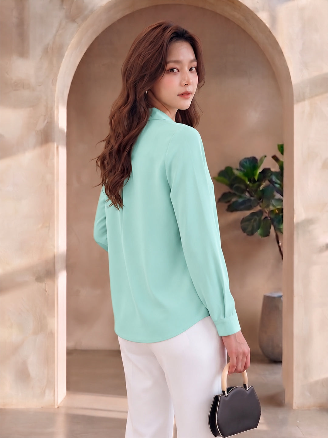 VORA LABEL Women's Light Mint Green Crepe Shirt | Elegant Full Sleeve Formal & Casual Wear Top