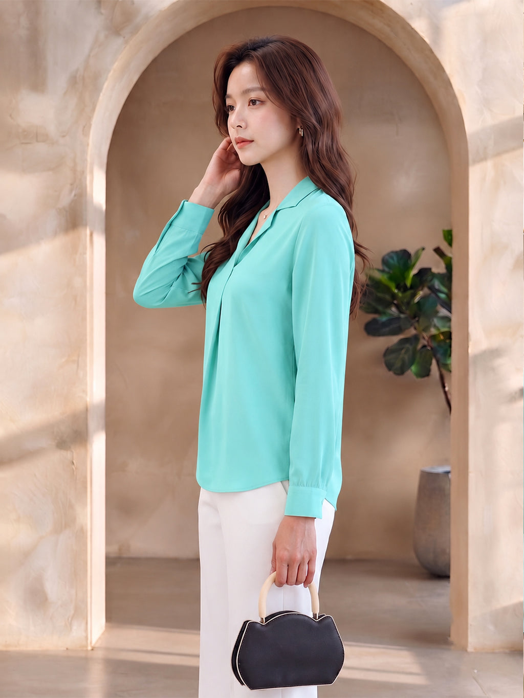 VORA LABEL Women's Light Mint Green Crepe Shirt | Elegant Full Sleeve Formal & Casual Wear Top