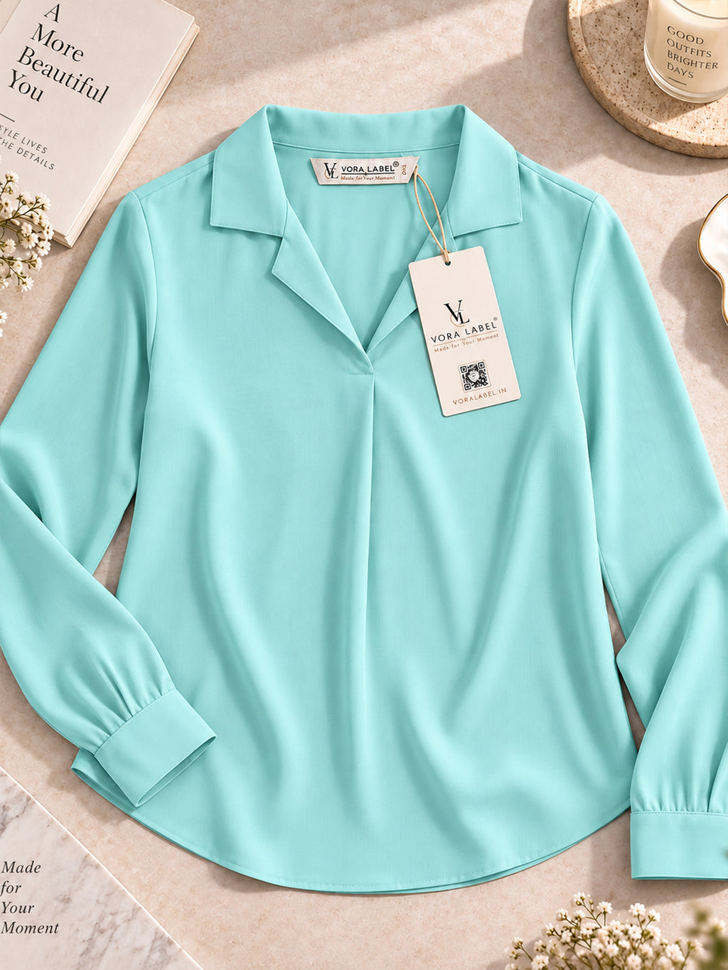 VORA LABEL Women's Light Mint Green Crepe Shirt | Elegant Full Sleeve Formal & Casual Wear Top