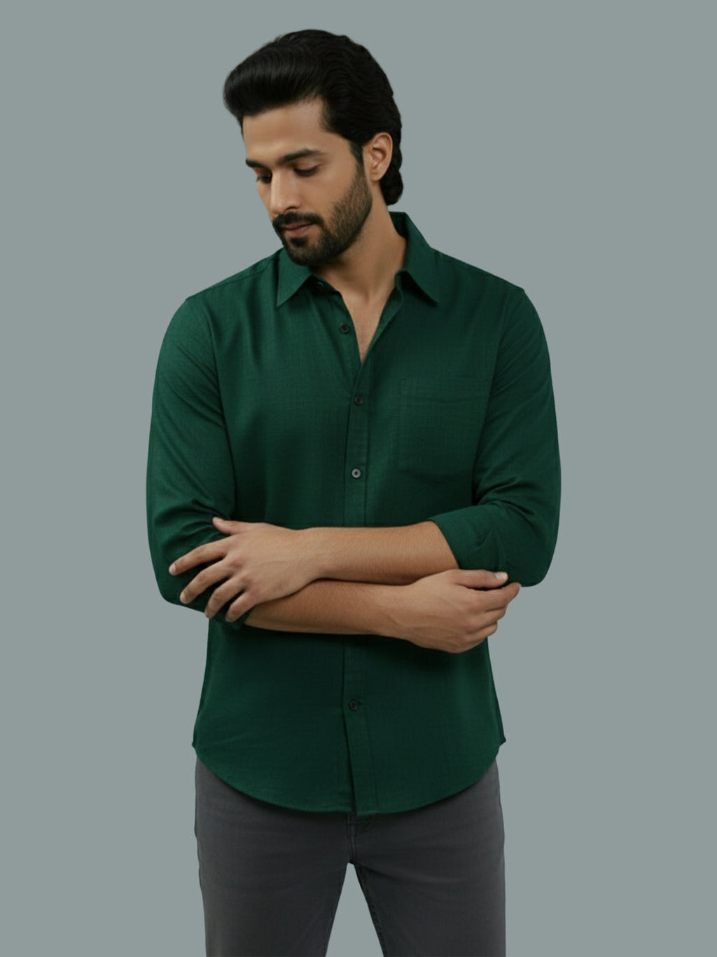 VORA LABEL Men Cotton Regular Fit Spread Collar Casual Shirt - Green