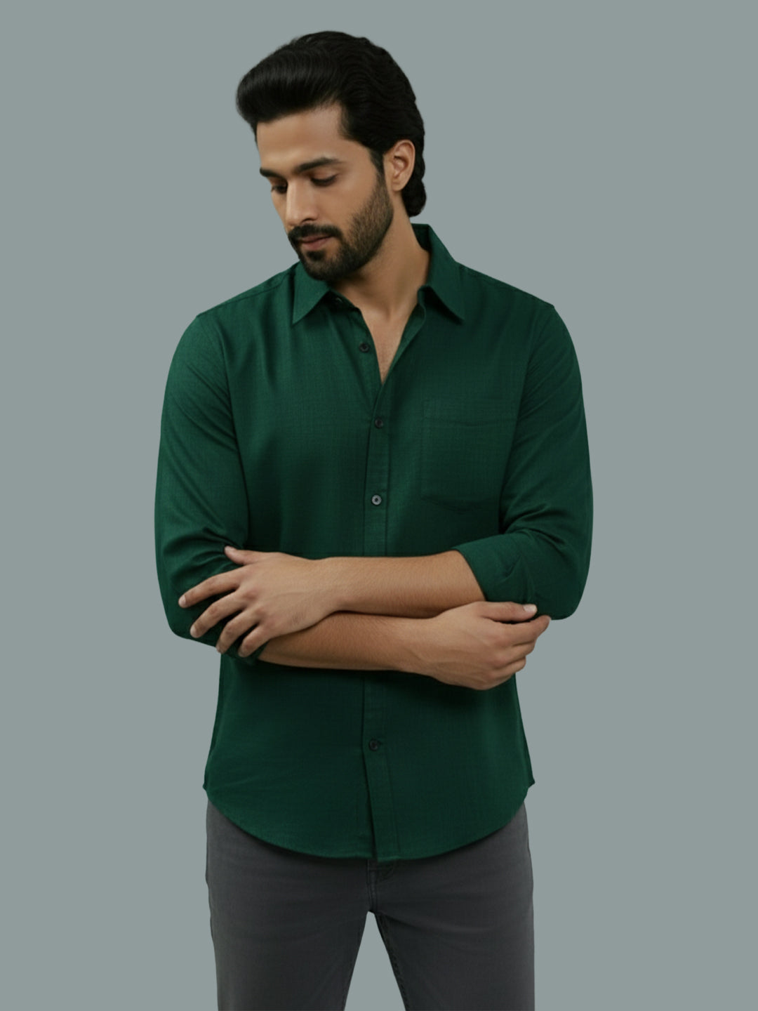 VORA LABEL Men Cotton Regular Fit Spread Collar Casual Shirt - Green