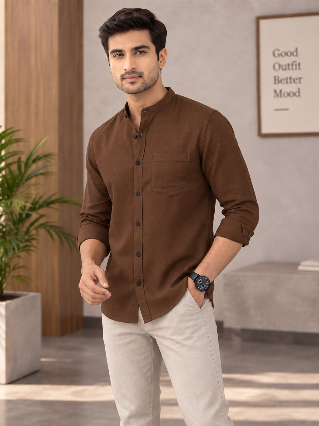 VORA LABEL Men’s Cotton Blend Mandarin Collar Shirt | Full Sleeve Solid Casual & Smart Wear