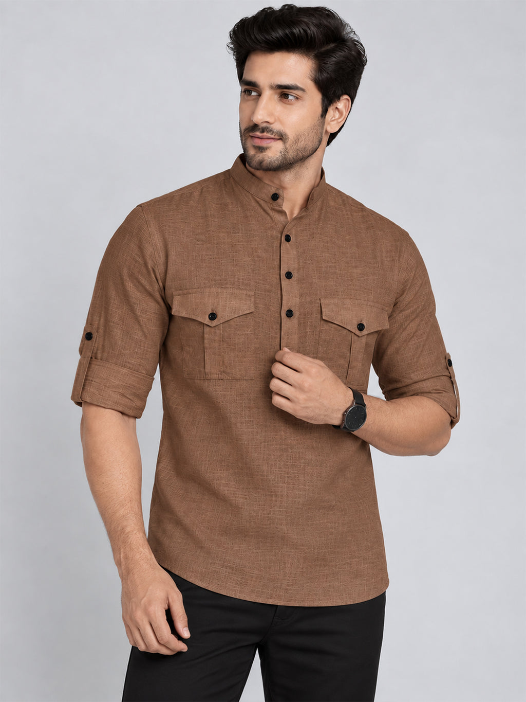 VORA LABEL Men’s Pure Cotton Solid Mandarin Collar Kurta | Full Sleeves with Roll-Up Tab | Casual & Smart Casual Wear